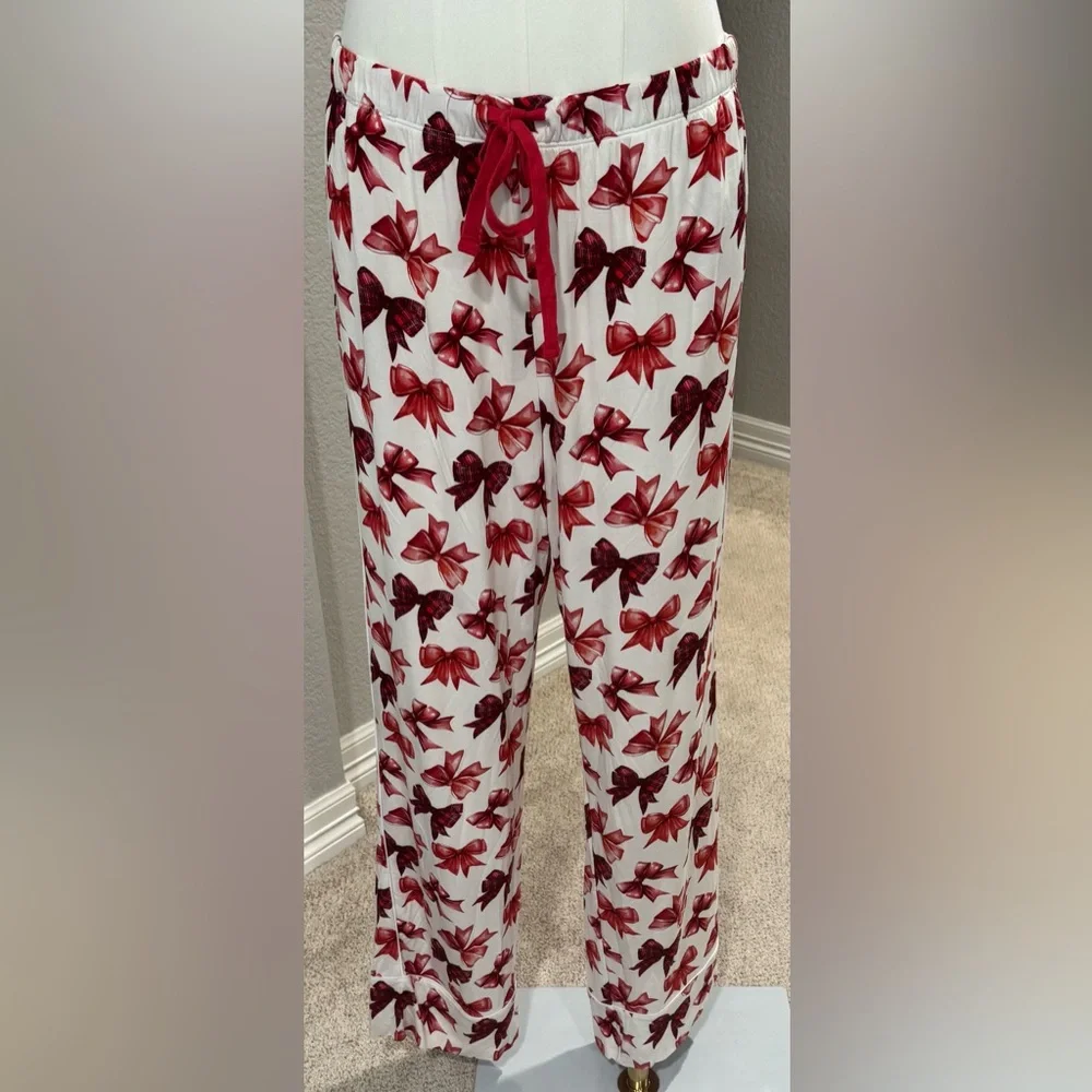 NWT Posh Peanut Holiday Christmas Red Bow Women’s Luxe Pajama Pant Set w/ Pocket - Picture 3 of 16